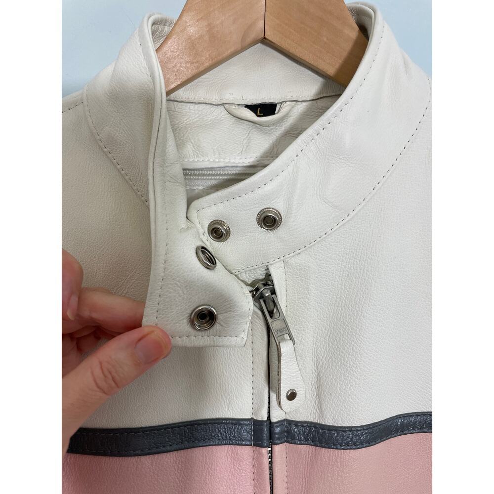 Hot Leathers Women’s Large white leather moto jacket pockets zippers pink strip - Picture 2 of 8